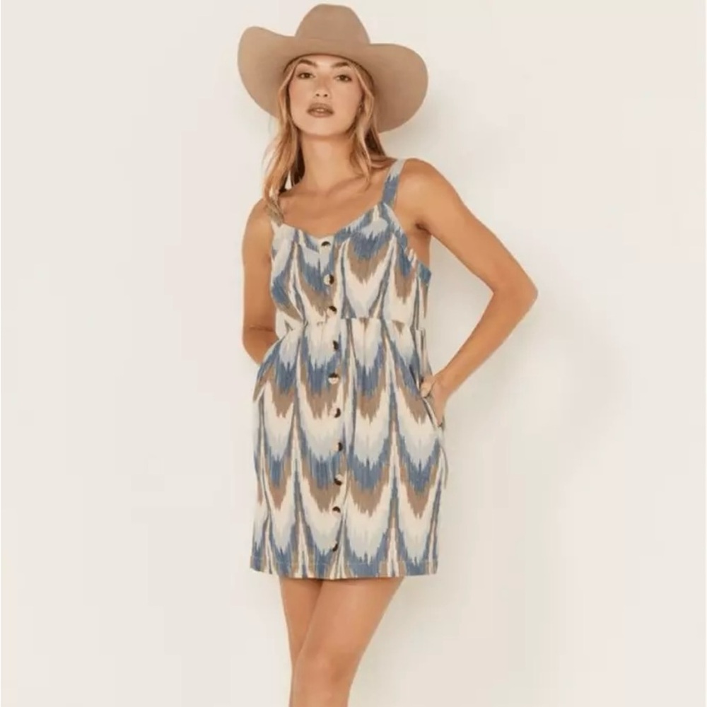SHYANNE XXL Blue Tan Southwestern Cotton Print Mini Western Sundress